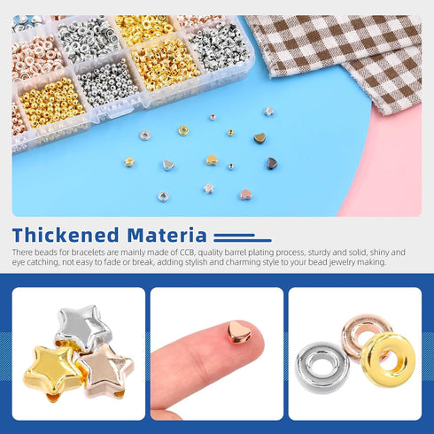 Glarks 1962Pcs Assorted Spacer Beads Set, 5 Styles Heart Beads Star Beads Ball Beads Flat Round Beads Charm Loose Beads Kit with Scissors and Elas...