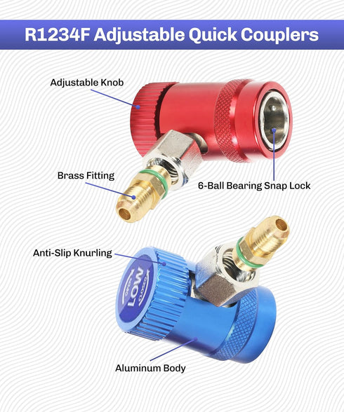 Set of 2 R1234yf Adapter,High/Low Side R1234yf Manual Couplers Connector Adapters,Car Accessories Adjustable AC R1234YF Adapters Kit for Air Condi...