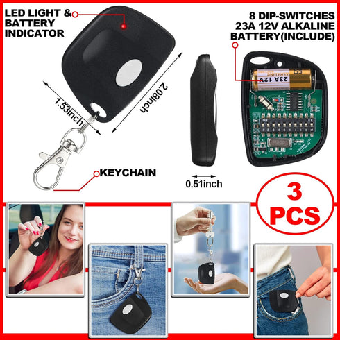 Kingdder 3 Pieces Garage Door Remote Compatible for Multicode 300mhz 10 Dip Switch 3089 3060 3070 Gate Opener Remote Multicode Gate Opener with Ke...