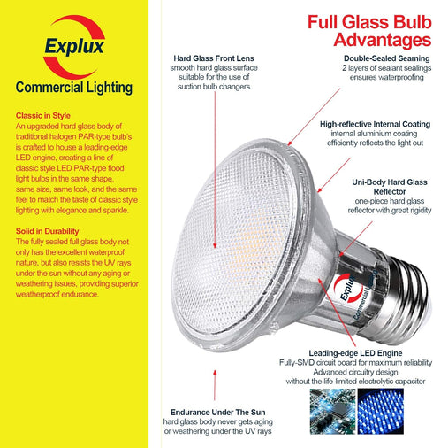 Explux Commercial-grade LED PAR20 Flood Light Bulbs, 60W Equivalent 600 Lumens, Dimmable, Full-glass Waterproof & Anti-Ageing, Soft White 2700K, 6...