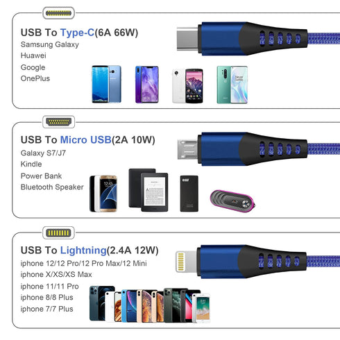 Multi 3 in 1 USB Long Charger Cable, 3M/10Ft 6A PD Fast Braided Charging Cord, Universal Multiple Ports Long Charging Cable with USB C/Micro USB/L...
