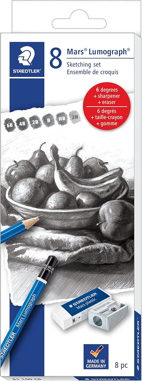 STAEDTLER Mars Lumograph Graphite Artist Sketch Set, 6 Degrees (6B, 4B, 2B, B, HB, 2H), Mini Mars Plastic Eraser, Metal Sharpener 61 100C8LU...