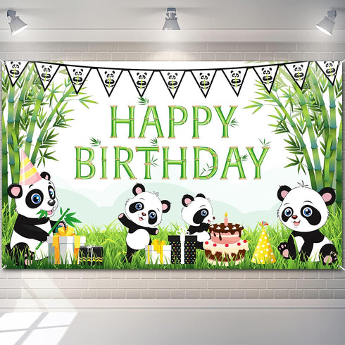 Cartoon Panda Birthday Decorations Panda Backdrop for Party Supplies Animal Themed Banner Green Bamboo Background Baby Shower Photo Background Kid...