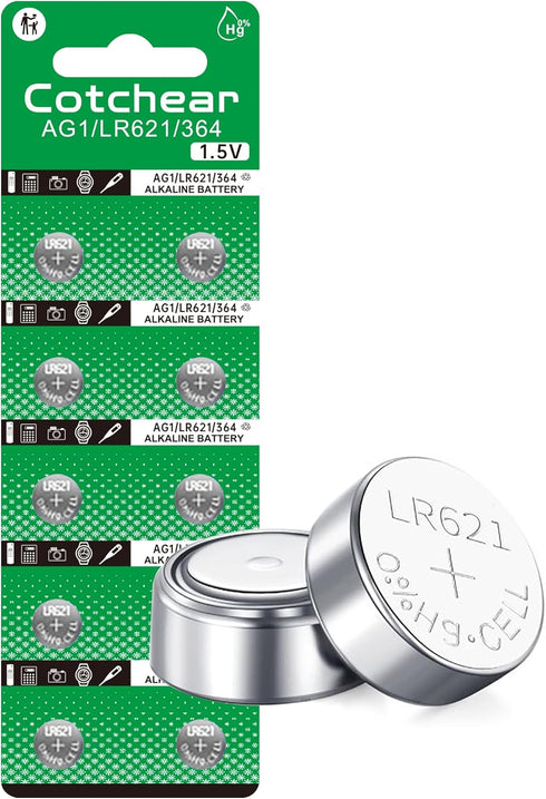 Cotchear 10pcs AG1 Battery LR621 364 Watch Battery 1.55V 364 SR621SW LR621 621 LR60 CX60 Alkaline Button Cell Batteries for Watch Toys Remote...