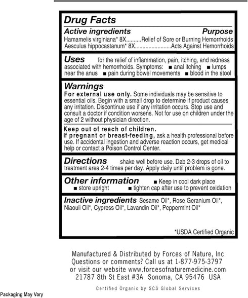 Forces of Nature Hemorrhoid Control Extra Strength, Organic Homeopathic Medicine with Witch Hazel, Horse Chestnut, and Soothing Essential Oils for...