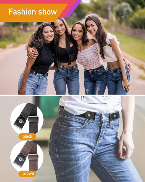 No Buckle Comfortable Elastic Stretch Belts for Womens, Black Elastic Waist Adjustable Invisible Belts for Jeans Pants?2 Sets?...