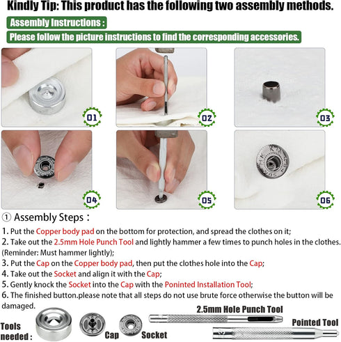 Luter 12 Sets 15mm Snap Buttons Fastener Kit No Sew Removable Metal Heavy Duty Snap Buttons with 4 Metal Install Tools for Denim Clothing Jeans Pa...