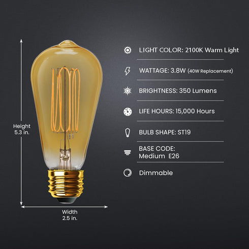 Feit Electric ST19 Vintage Edison LED Light Bulb, 40W Equivalent, Dimmable, 2100 Warm Light, E26 Base, Amber Glass Thin Filament Lighting Bulbs, 1...