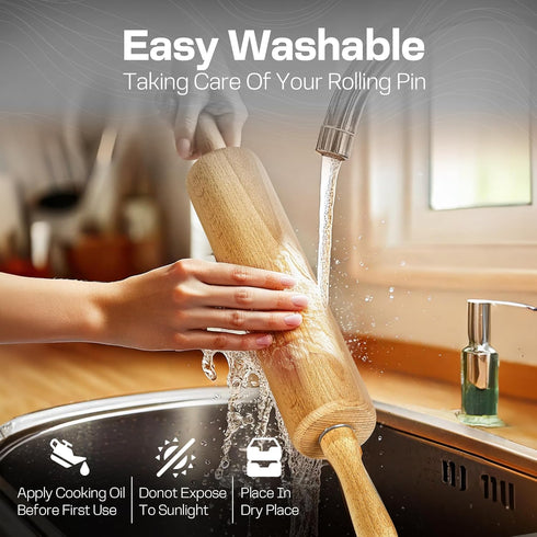 All-Purpose 17.6 Inch Beech Wood Non-Stick Rolling Pin - For Baking, Pizza, Pasta, Pie, Cookies, Pastry....