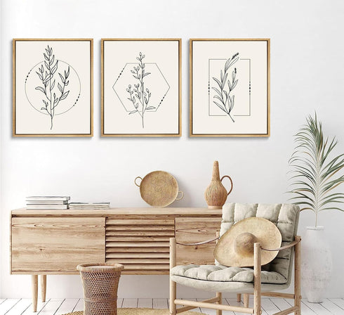 ZJJARTYB Farmhouse Beige Canvas Wall Art Retro Floral Line Pictures Minimalist Botanical Posters Neutral Prints Boho Artwork Simple Painting Wall ...