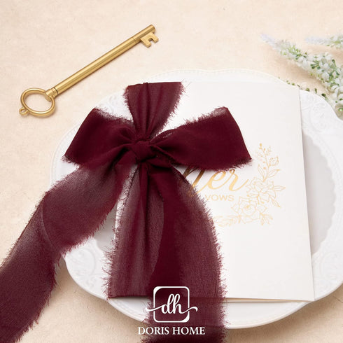DORIS HOME 3 Rolls 2"x7Yd Fringe Chiffon Ribbon for Flower Bouquet, Handmade Burgundy & Pink Ribbon for Gift Wrapping, Frayed Edge Ribbon for Craf...