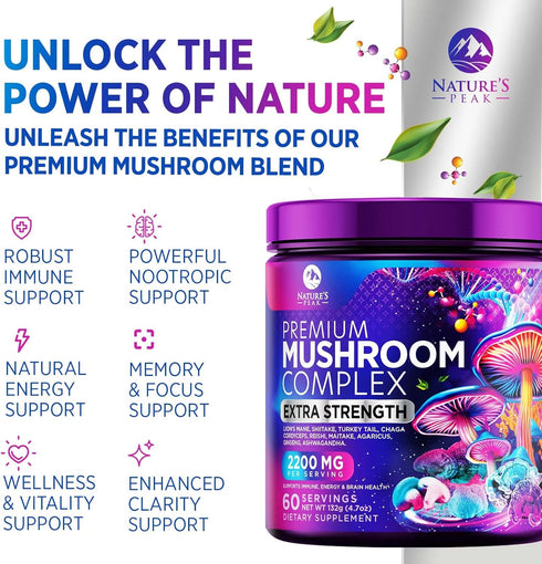 Mushroom Supplement Powder - 11 in 1 Complex Nootropic & Adaptogens Blend, Organic Mushroom Powder, Lions Mane, Cordyceps, Reishi, Chaga, Turkey T...