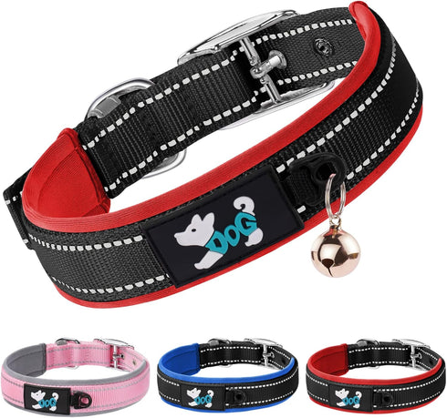 AUAUY Nylon Dog Collar, Pet Dog Reflective Collar, Ultra Soft Neoprene Padded, Adjustable Reflective Stitching Pet Collar with Durable Metal Buckl...