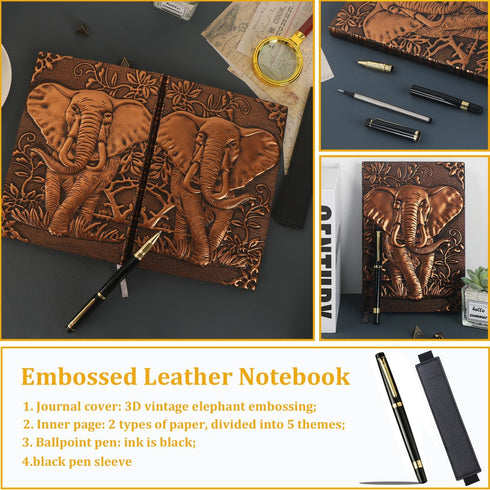 Vintage Elephant Embossed Leather Notebook with Ballpoint Pen/Pen Sleeve,A5 Hardcover Notebook,for Business Notepad/Travel Journal/Family Daily No...