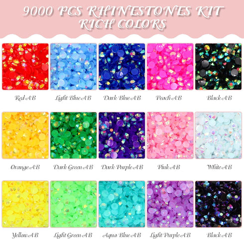9000pcs Flatback Rhinestones, ZYNERY 15 Mixed Color Flat Back Gems Round Shape Crystals Rhinestones for Crafts Nail Face Art Shoes Diamond Paintin...