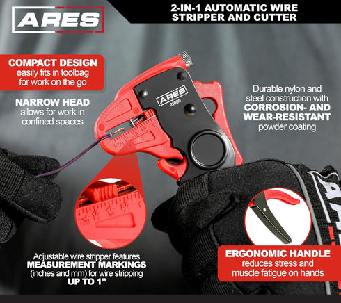 ARES 21009 – 2-in-1 Automatic Wire Stripper and Cutter – High Carbon Steel Blades Cut and Strip Electrical Cable Without Damaging Internal Line – ...