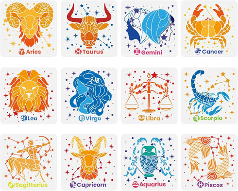 FINGERINSPIRE 12 pcs Constellation Stencil 11.8x11.8inch Reusable Zodiac Symbols Painting Template DIY Craft Astrological Decoration Stencil for P...