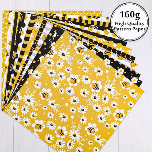 Whaline 12 Design Bee Pattern Paper Pack 24Pcs Yellow Black Honeycomb Scrapbook Paper Double-Sided Collection Decorative Craft Paper for Card Maki...