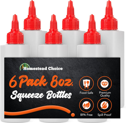 6-pack Plastic Squeeze Bottles for Sauces - 8oz Condiment Squeeze Bottles for Liquids - BPA Free Squirt Bottle with Twist Cap - Ketchup, Syrup, Oi...