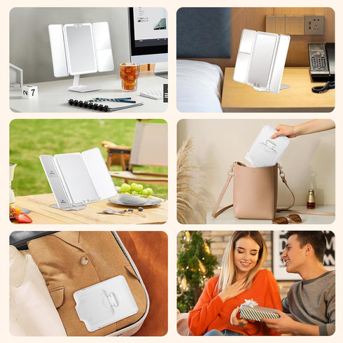 Travel Makeup Mirror, Rechargeable 1X/3X/5X Magnifying Trifold Makeup Mirror with Lights, 3 Color Lights, Touch Control Lighted Vanity Compact Mir...