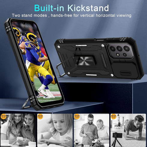 DEERLAMN for Samsung Galaxy A23 5G/4G Case with Slide Camera Cover+Screen Protector,Rotated Ring Kickstand Military Grade Shockproof Protective Co...