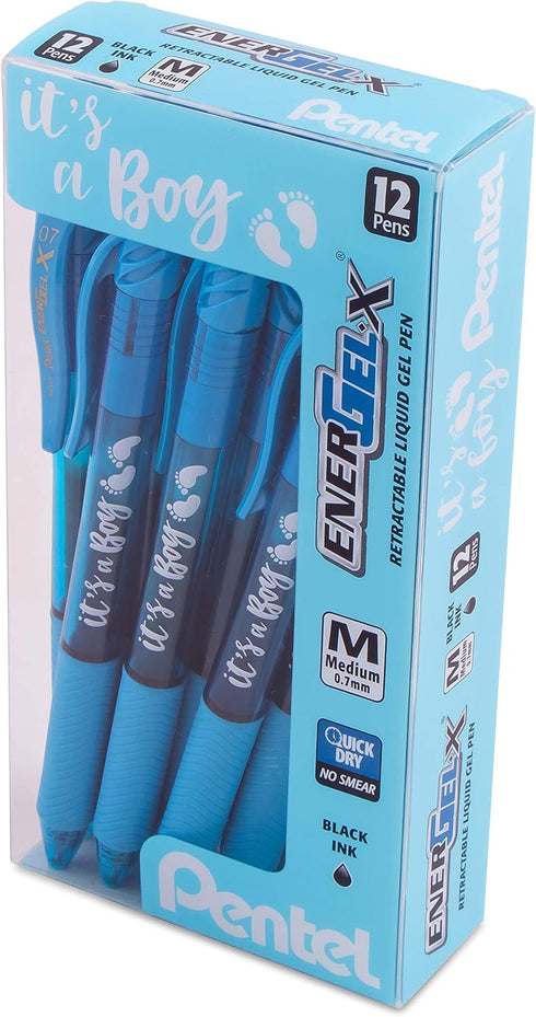 Pentel EnerGel-X Retractable Gel Pen, (0.7mm) Med. line, Sky Blue Ink- It's a Boy! Dozen Box (BL107SPC12)...