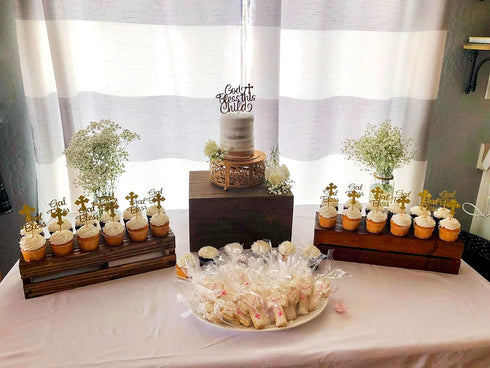JeVenis 25 PCS Glittery Gold Bless this Child Cross & Cake Toppers - Baptism Cupcake Decorations...