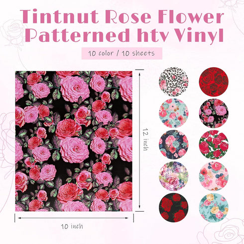 Tintnut Red Pink Rose 10 Sheets 10x12 Inch Floral Pattern HTV Iron On Vinyl for Clothes - Compatible with Cricut & Silhouette Cameo...