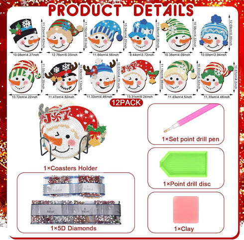 12 Pcs Christmas Diamond Art Coasters Snowman Head Diamond Painting Coasters with Holder Xmas Diamond Painting Kit Diamond Acrylic Round Cup Coast...