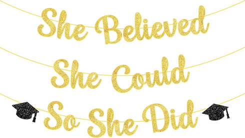 KatchOn, She Believed She Could So She Did Banner - Glitter 10 Feet, No DIY | Gold and Black You Did It Banner, Graduation Decorations 2025 | Medi...