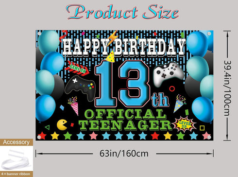 13th Video Game Happy Birthday Decorations Backdrop Banner, 13th Official Teenager Birthday Party Decorations Photo Background 13th Backdrop for B...