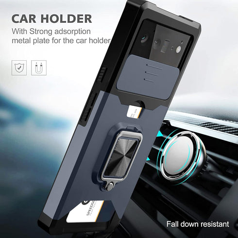Compatible for Google Pixel 6 2021 Case with Camera Cover & Kickstand, Slide Lens Cover+Rotate Ring Stand+Card Holder, Impact-Resistant, Full Prot...