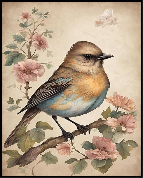 Posterizer 1 pcs- Beautiful yellow and blue bird with wild pink flowers-Art for Animal Lovers-Floral Botanical Art- Gift for Men Women Teens-Decor...