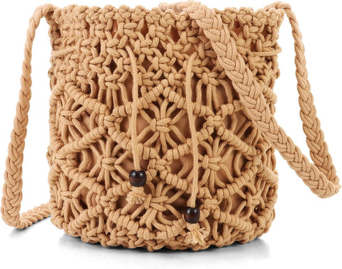 Ovida Crochet Mini Bucket Bag Purse Summer Woven Beach Shoulder Bag Drawstring Closure Crossbody Bag Handmade Hobo Bag...
