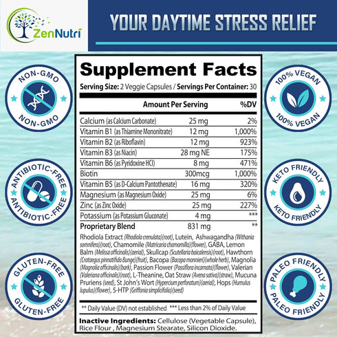 Calm Prime Stress Relief Supplement Non-Drowsy | Mood Support Supplement | Mood Boost | Vegan Daytime Stress Supplements Calm Aid | Stress Vitamin...