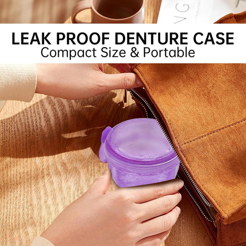 Leakproof Denture Case Purple Denture Soaking Cup False Teeth Container, Dental Denture Bath Holder Storage Box Retainer Cleaner Case for Travelin...