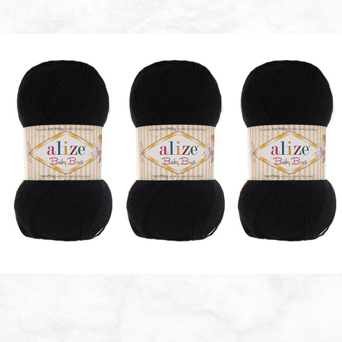 Alize Baby Best Yarn 90% Anti-Pilling Acrylic 10% Soft Bamboo Blend Crochet Hand Knitting Art Lot of 3 Skeins 300gr 786yds (3 Pack, Pure Black - 6...