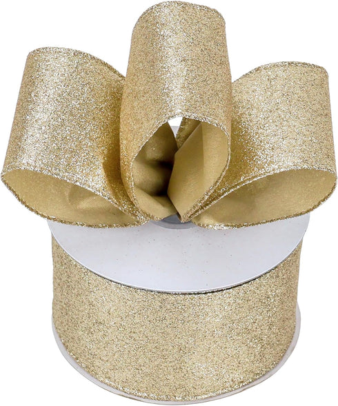 MEEDEE Champagne Gold Ribbon Gold Wired Ribbon 2.5 Inch Metallic Ribbon by 25 Yards Gold Glitter Ribbon for Christmas Tree Champagne Christmas Rib...