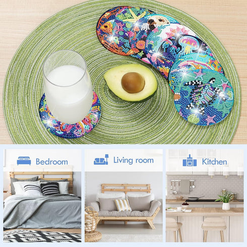 croshom 8 Pcs Ocean Creatures Diamond Art Painting Coasters Kits with Holder Ocean Creature Diamond Art Coaster with Cork Bases for Adults Diamond...