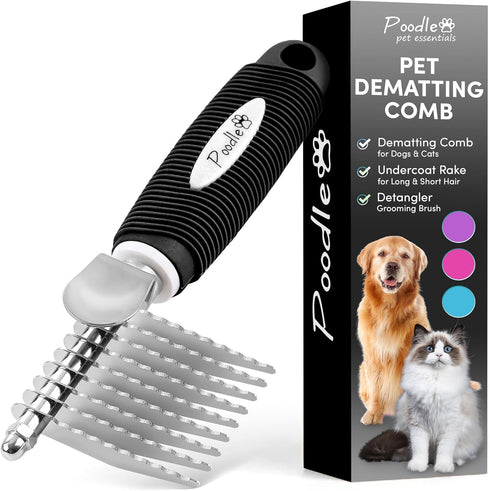 Poodle Pet Dematting Fur Rake Comb Brush Tool - Dog and Cat Comb with Long 2.5 Inches Steel Safety Blades for Detangling Matted or Knotted Underco...