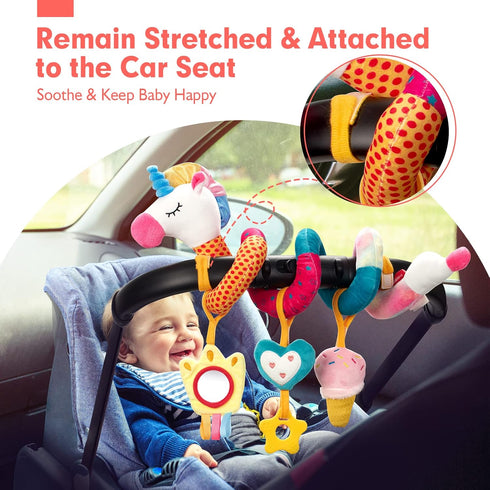 hahaland Car Seat Toys for Babies 0-6 Months Girl - Baby Toys 3-6 Months - Rattle, Mirror, Crinkle, Squeaky Carseat Stroller Toys 0-6 Months Devel...