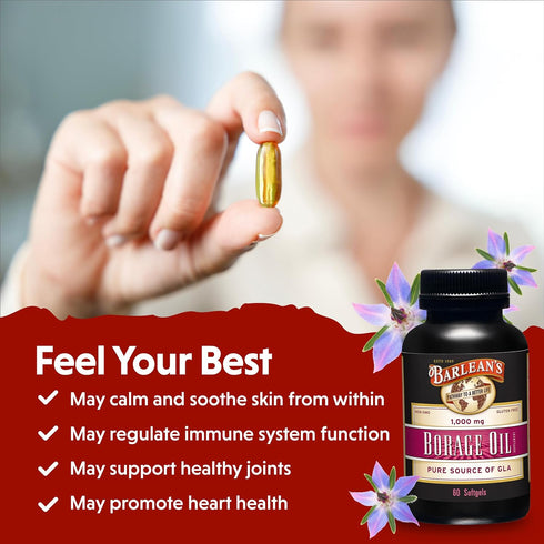 Barlean's Borage Oil Supplements, Cold Pressed Pure Borage Seed Oil Supplement Softgels for Men and Women, 1000 mg GLA Fatty Acids, 60 Count...
