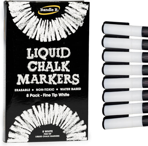 Chalk Markers - 8 White Fine Tip, Erasable, Non-Toxic, Water-Based, Crisp White For Kids & Adults for Glass or Chalkboard Markers for Businesses, ...