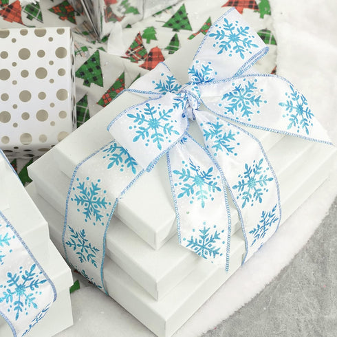 MEEDEE Blue Snowflake Ribbon White Ribbon with Blue Glitter Snowflake Ribbon 2.5 Inch Christmas Wired Ribbon for Winter Holiday Decor, Christmas T...