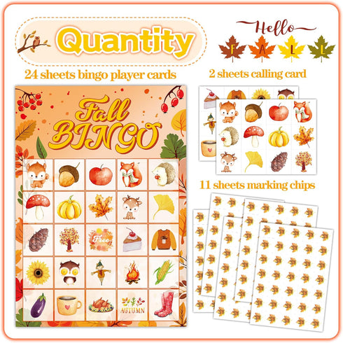 Joy Bang Fall Bingo Games for Kids Adults, Autumn Thanksgiving Bingo Cards for 24 Players, Fall Party Supplies Favors for Family School Classroom ...