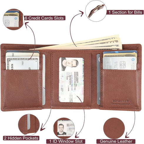 Genuine Leather Trifold Mens Wallet RFID Blocking 6 Credit Card Slots 1 ID Window Section for Bills 2 Hidden Pockets | Gift for Him (Choco)...