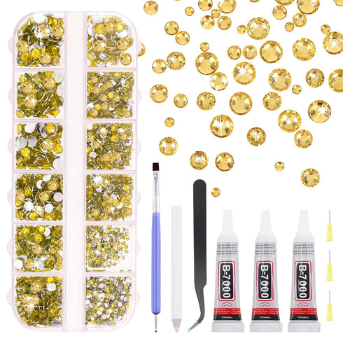 Mardatt 2606Pcs B7000 Jewelry Adhesive Glue with Golden Yellow Rhinestones, 2mm 3mm 4mm 5mm Flat Back Gems Rhinestones with Tweezers Dotting Tools...
