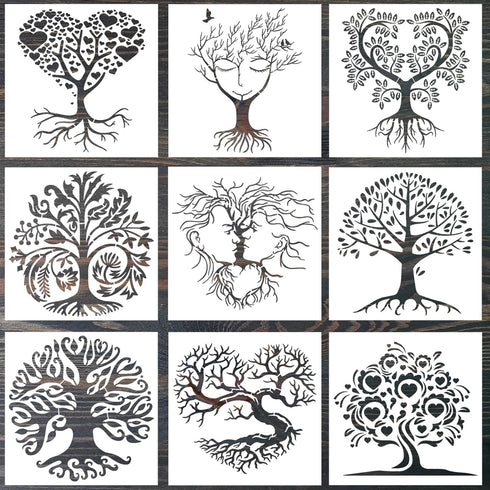 9 Pcs Tree Stencil Tree of Life Stencil for Painting Loving Heart Tree Stencils Reusable Plastic Drawing Template Stencils for Painting on Wood Wa...