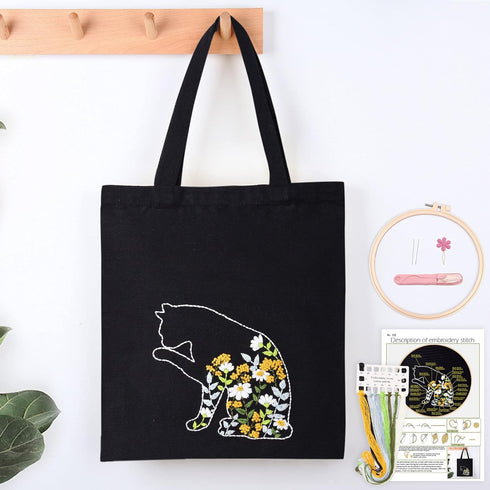 Harimau Beginner Canvas Tote Bag Embroidery Kit,Black Kitten Pattern,Cross Stitch Kits, Including Stamped Embroidery Bag with 1 Embroidery Hoops,N...