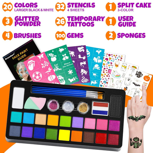 Face Painting Kit for Kids - 20 Colors Water Based Non Toxic Face Paint Kit, Professional Face Paint for Kids with Stencils & Brushes - Parties, B...